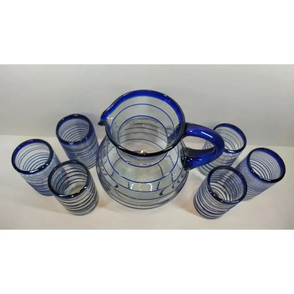 Hand Blown Cobalt & Clear Glass Swirl Pitcher & Glasses 7 Pc Set Made in Mexico